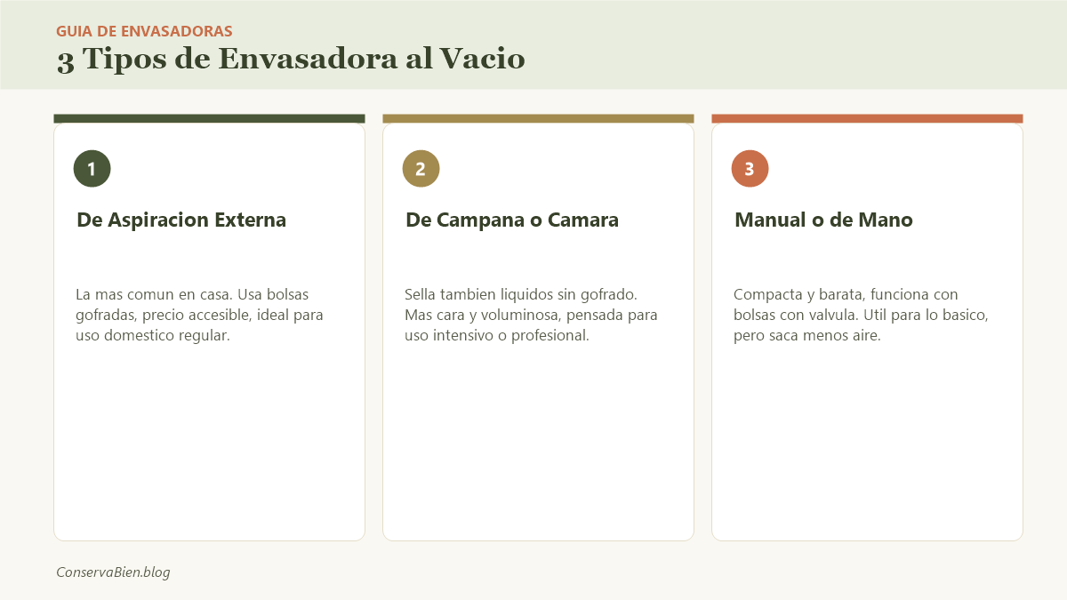 3 tipos de envasadora al vacio: de aspiracion externa, de campana o camara, y manual