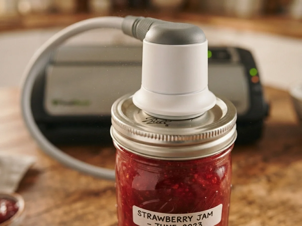 Accesorio jar sealer conectado a un frasco de cristal con mermelada