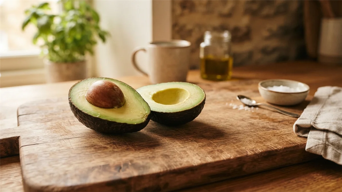 Aguacate ya maduro cortado por la mitad listo para comer