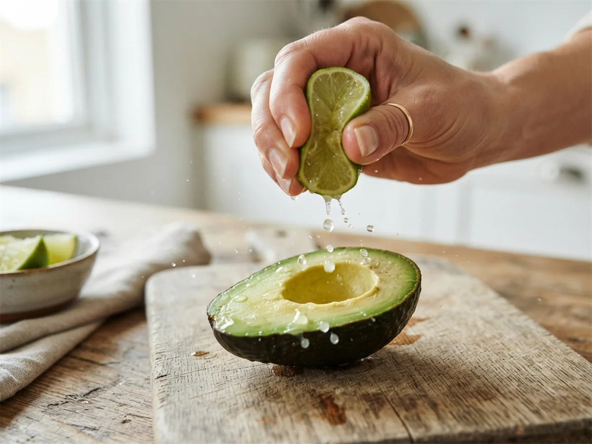 Rociando limon sobre aguacate cortado para que no se ponga negro
