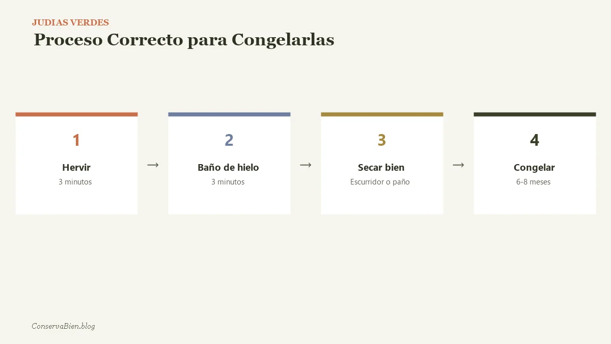 Proceso correcto para congelar judias verdes: hervir, bano de hielo, secar y congelar