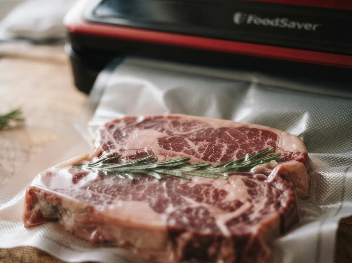 Primer plano de un corte de carne sellado al vacio con romero