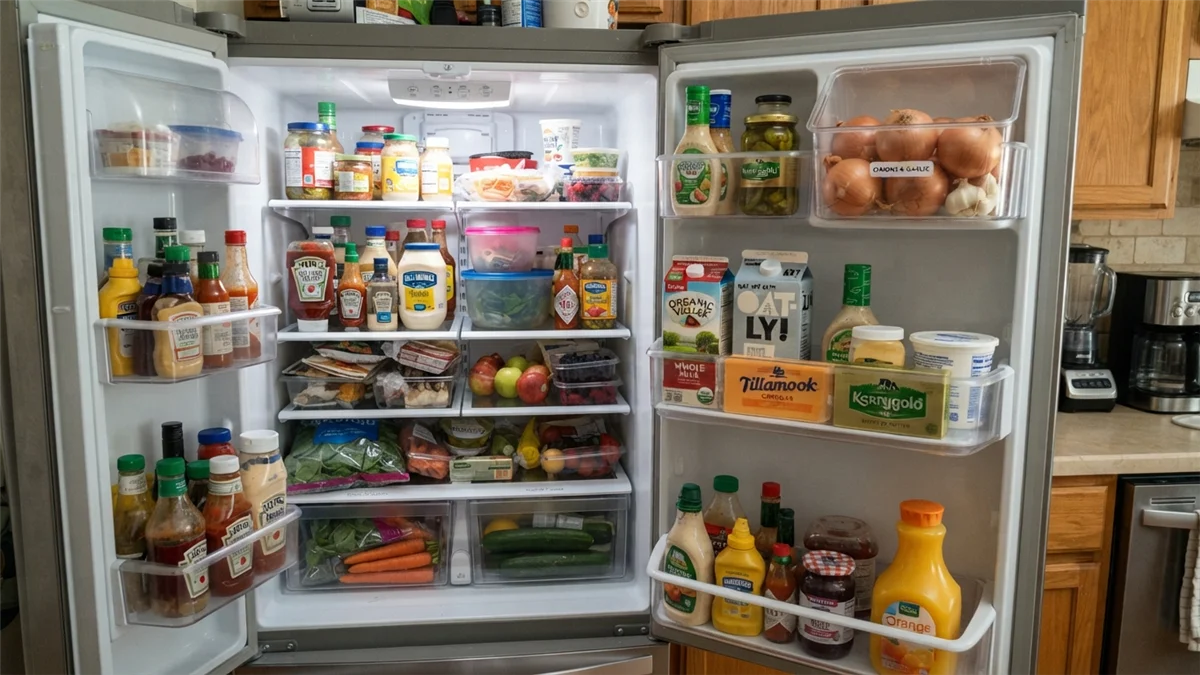 Nevera organizada con cebollas guardadas en un compartimento separado de otros alimentos