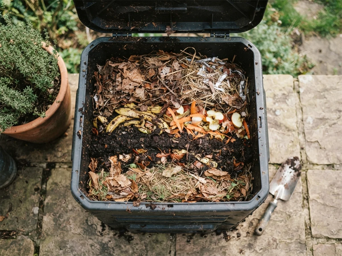 Manos anadiendo restos de cocina a capas de compost casero