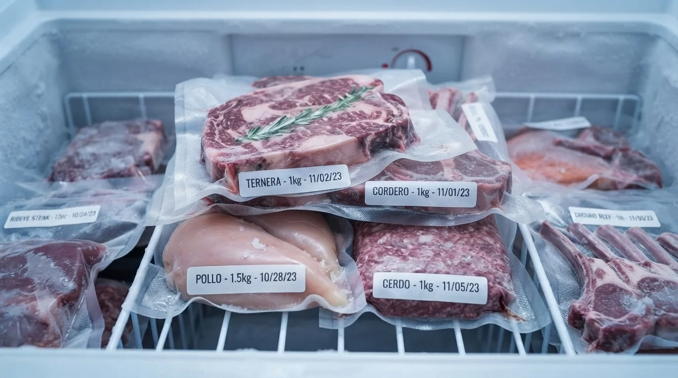 Congelador con distintos tipos de carne sellados al vacio y etiquetados