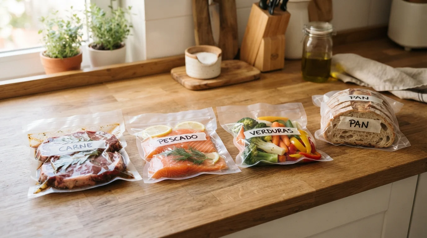 Distintos alimentos sellados al vacio y etiquetados sobre una encimera