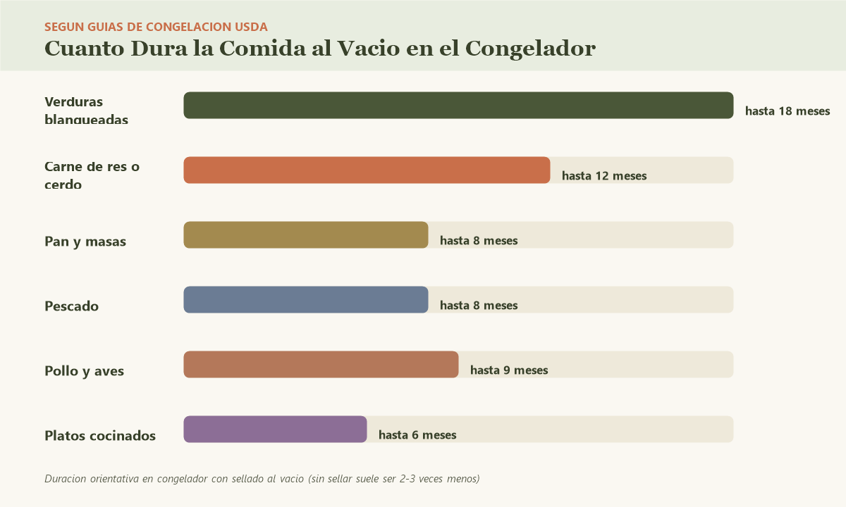 Grafico: cuanto dura la comida envasada al vacio en el congelador por tipo de alimento
