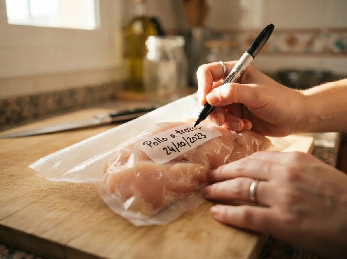 Mano escribiendo la fecha con rotulador sobre una bolsa sellada al vacio
