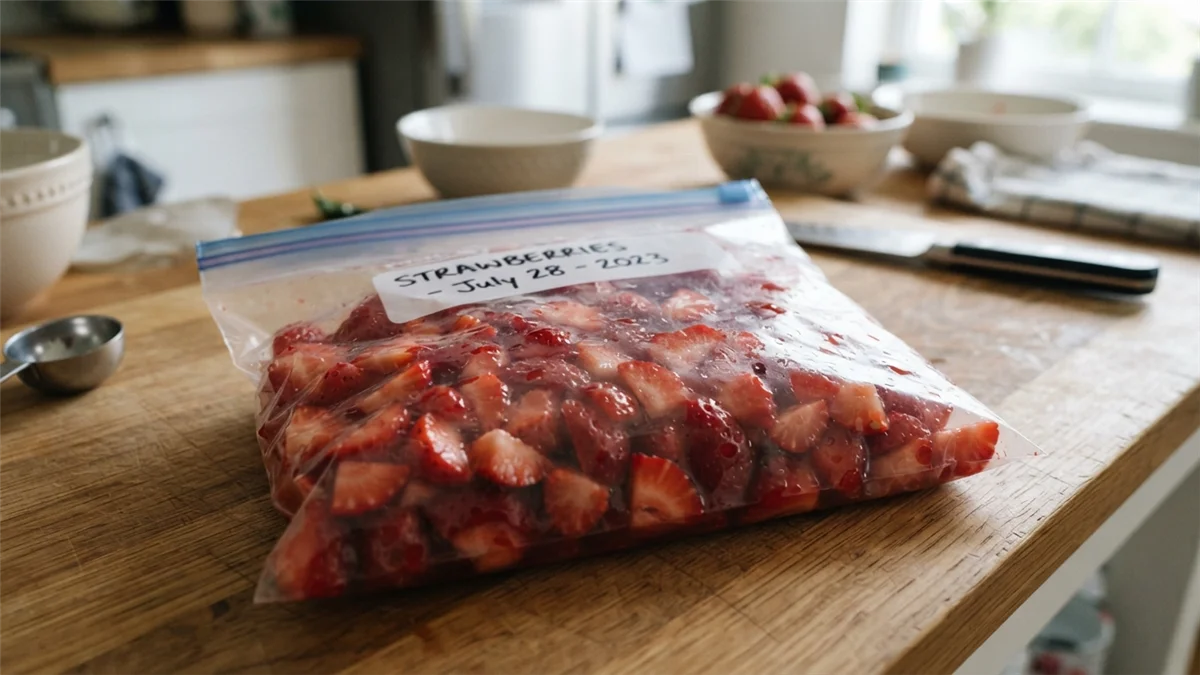 Bolsa hermética con fresas troceadas listas para el congelador