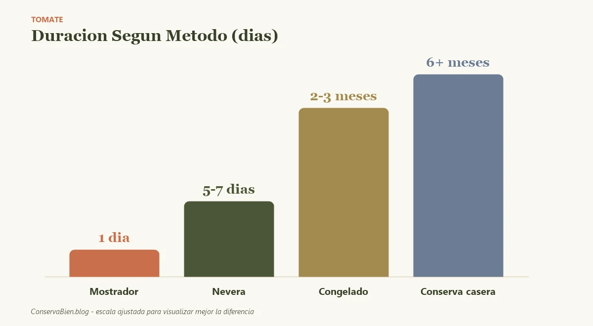 Infografia comparando cuanto dura el tomate segun mostrador, nevera, congelado o en conserva