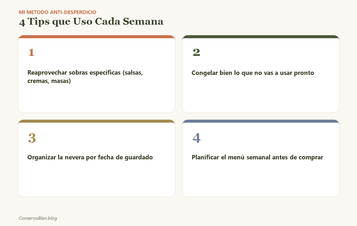4 tips anti-desperdicio en formato de tarjetas: reaprovechar sobras, congelar, organizar la nevera, planificar el menu
