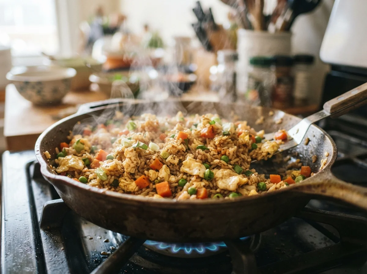 Arroz frito casero con huevo y verduras