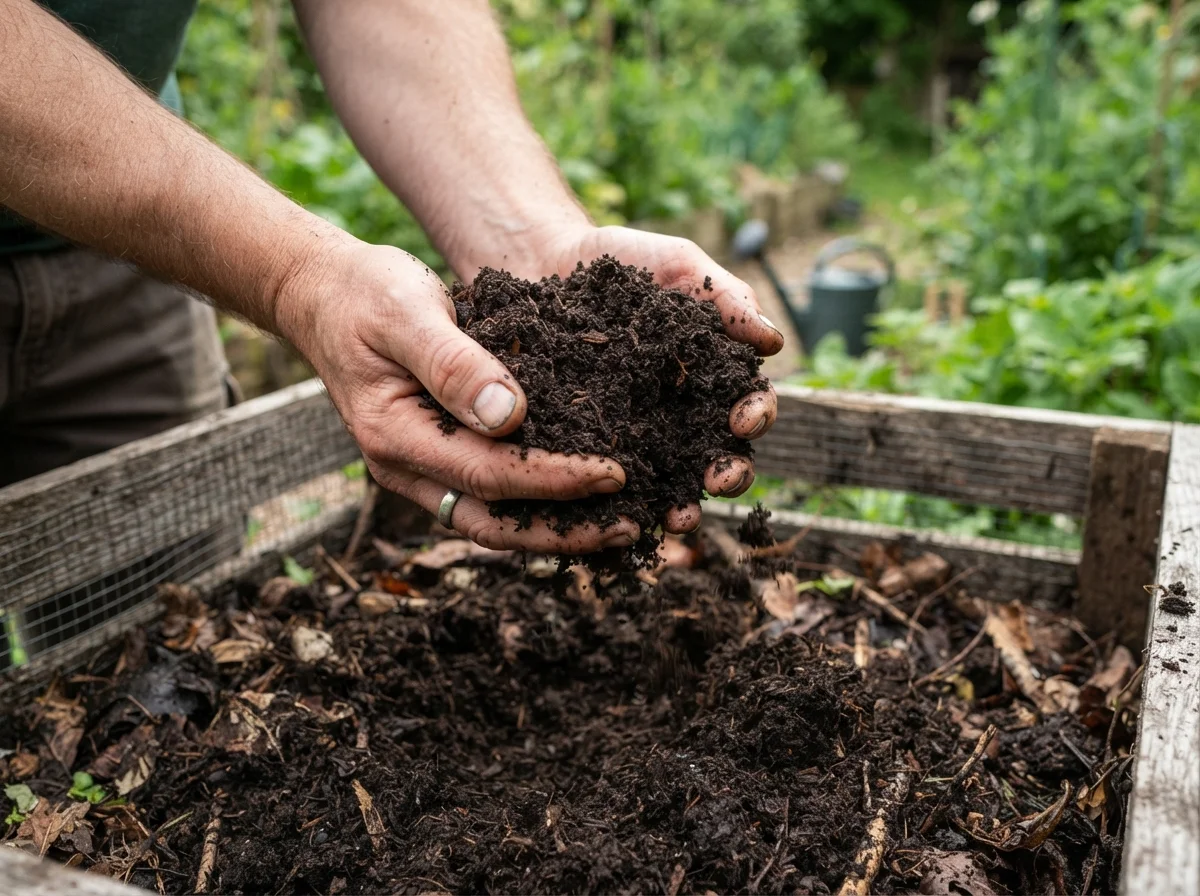 Manos sosteniendo compost maduro tipo humus