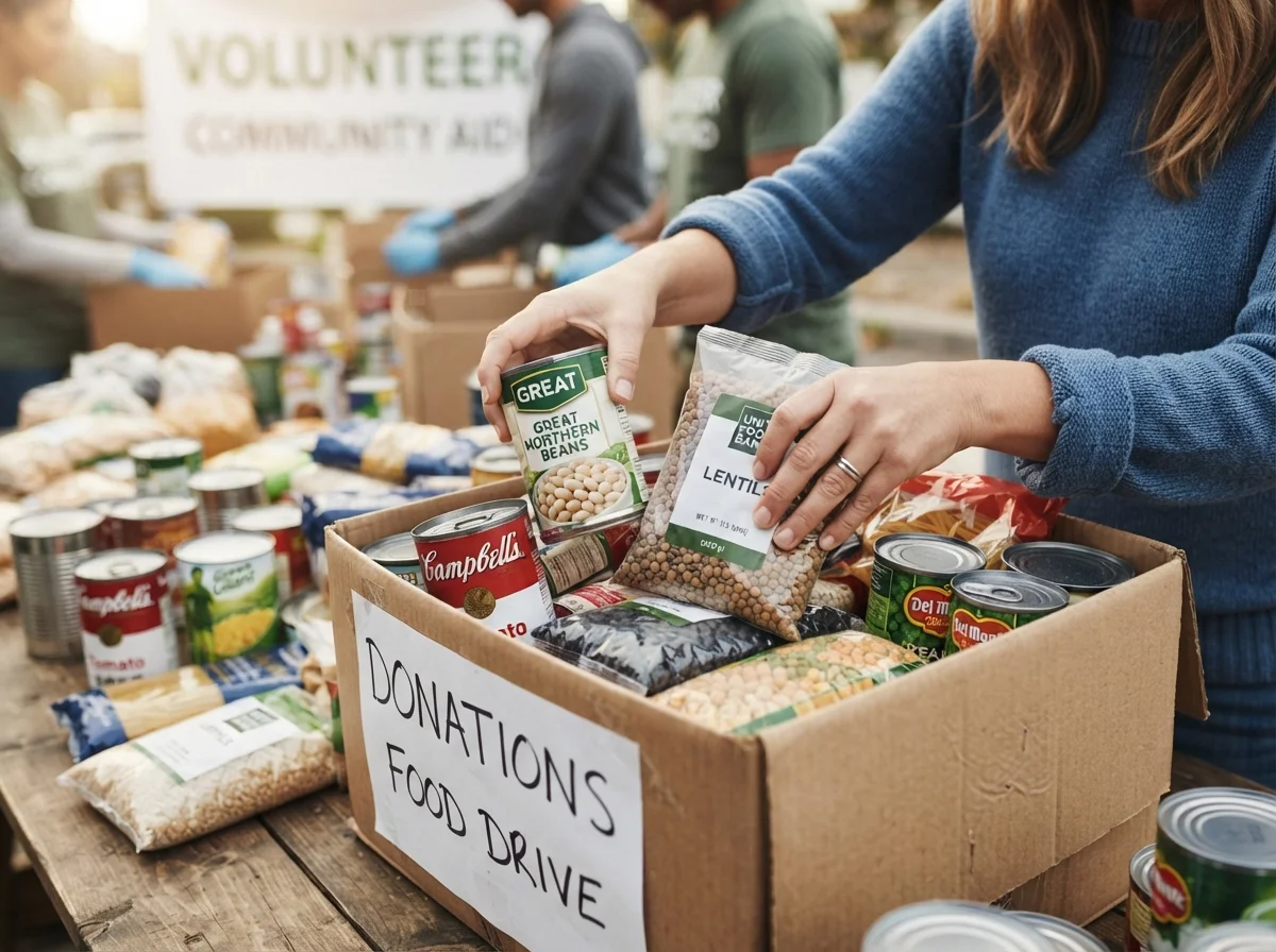 Manos empacando alimentos no perecederos en una caja para donar