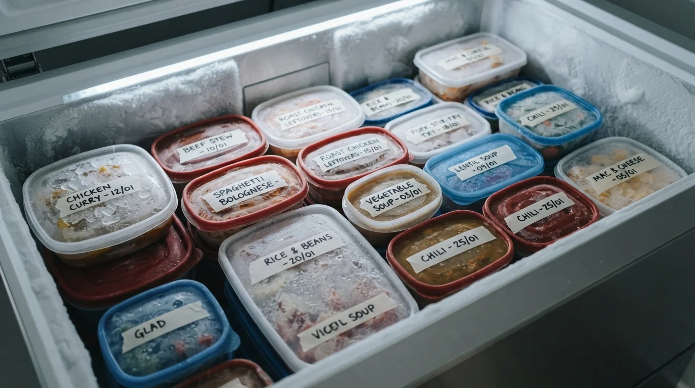 Tuppers con sobras de comida etiquetados y congelados
