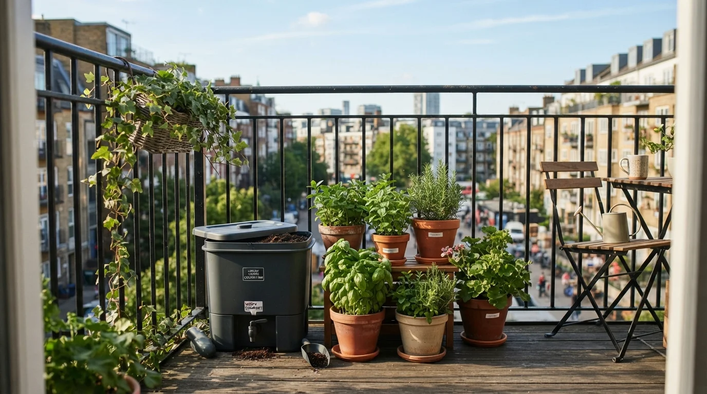 Vermicompostera compacta en un balcon de apartamento