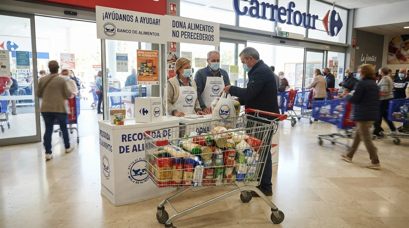 Punto de recogida de alimentos en la entrada de un supermercado