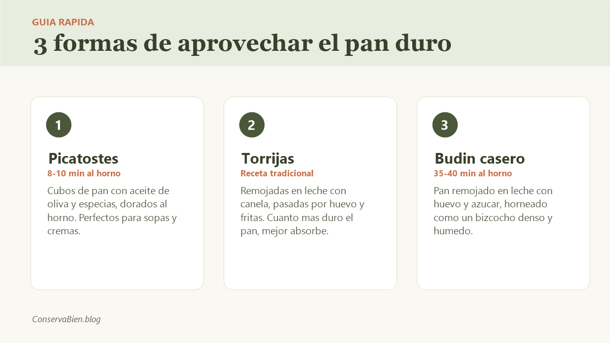 Infografia: 3 formas de aprovechar el pan duro - picatostes, torrijas y budin casero