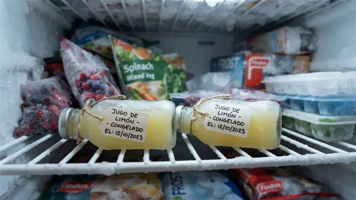Botellitas de zumo de limon congeladas y etiquetadas en el congelador