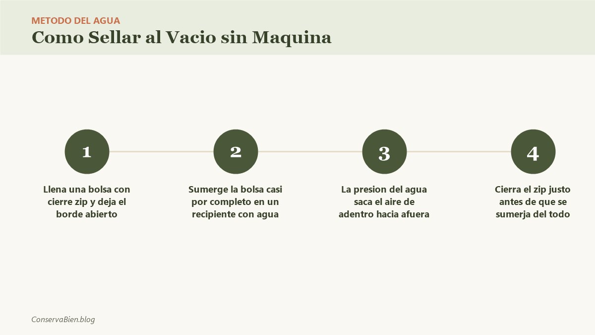4 pasos del metodo del agua para sellar al vacio sin maquina