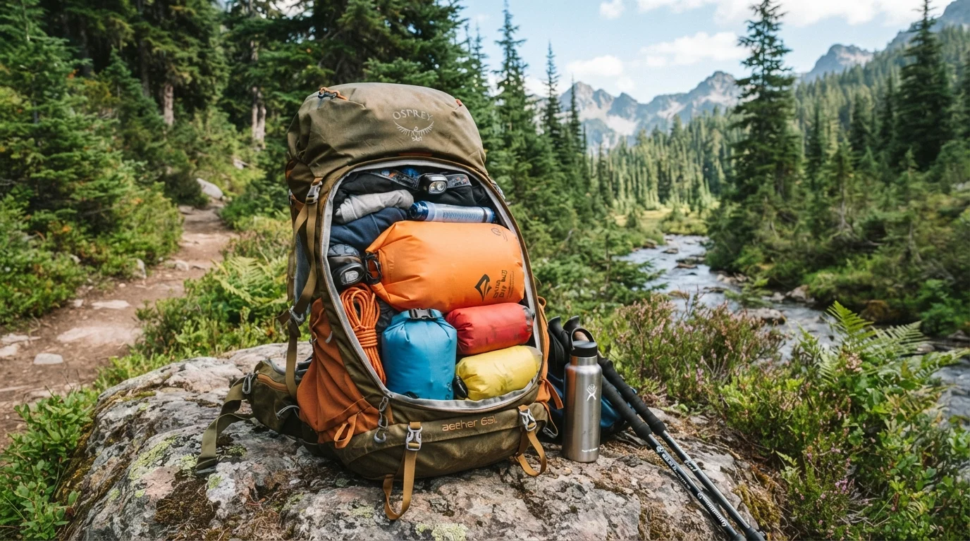 Mochila de senderismo con bolsas selladas al vacio por el metodo del agua