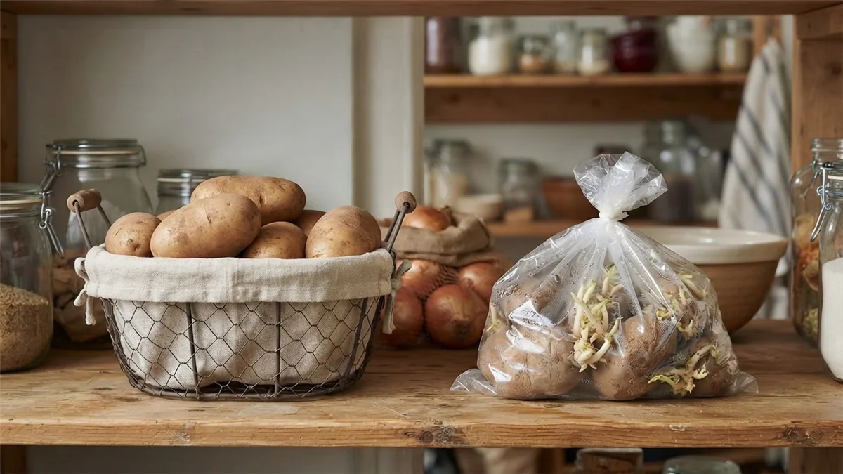 Contraste entre patatas bien guardadas y patatas con brotes en bolsa de plastico