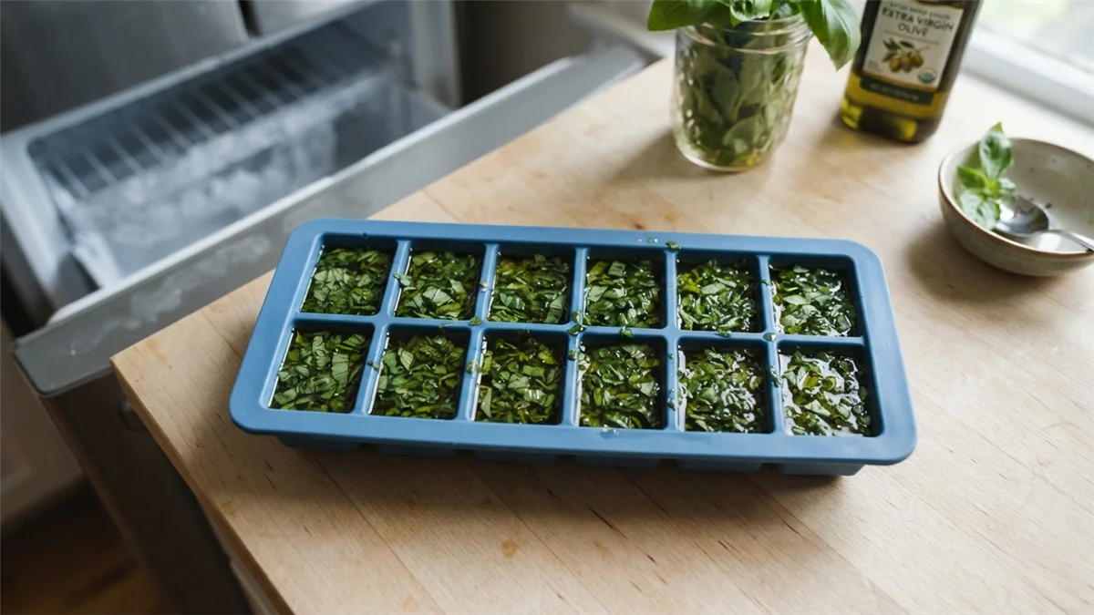 Albahaca picada mezclada con aceite en cubitera lista para congelar