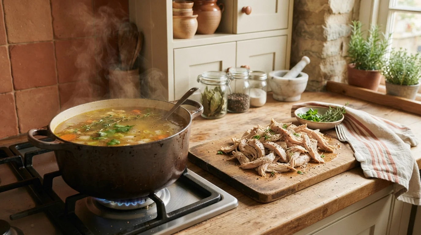 Caldo de pollo casero hirviendo