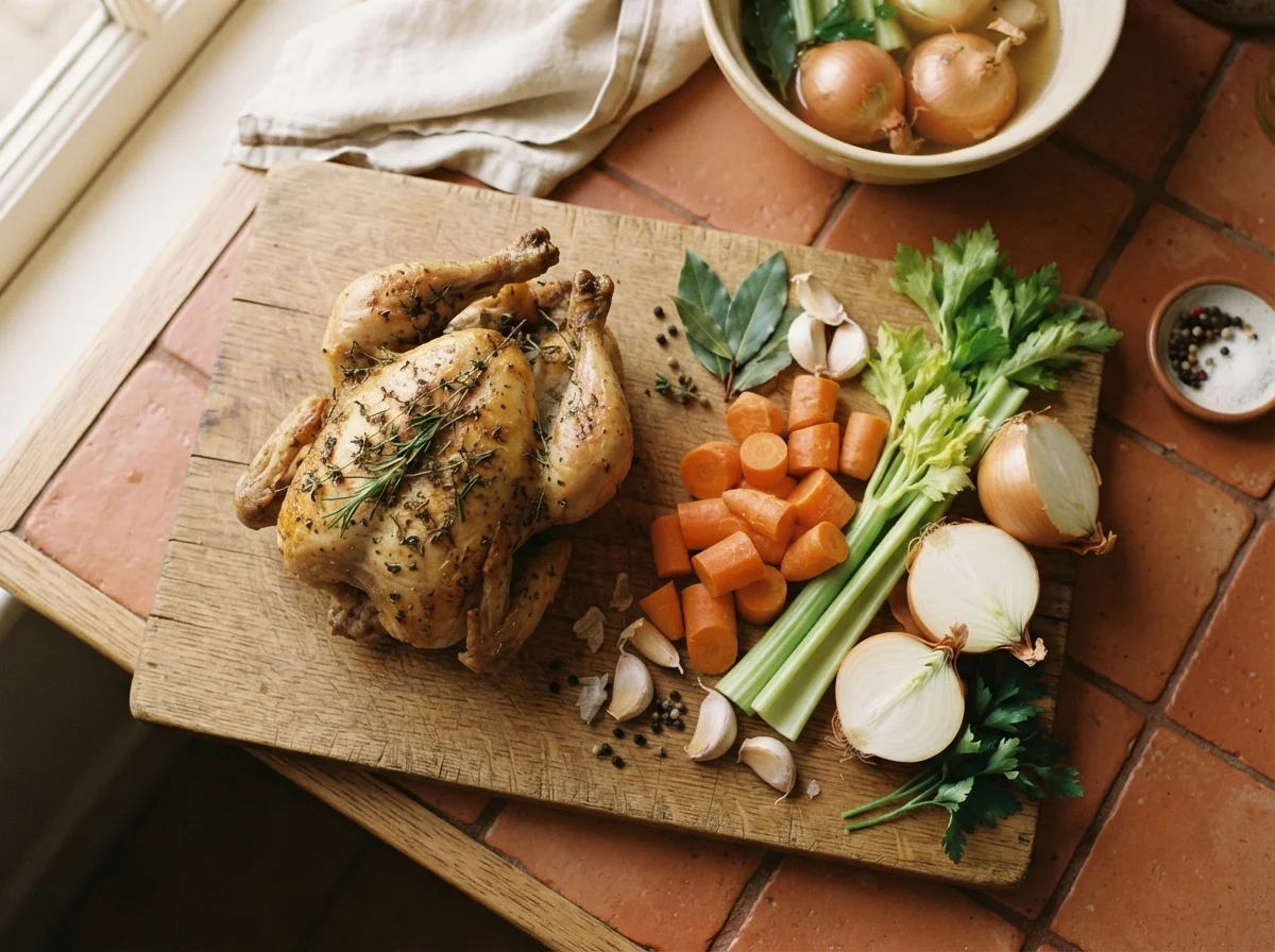 Carcasa de pollo asado lista para hacer caldo