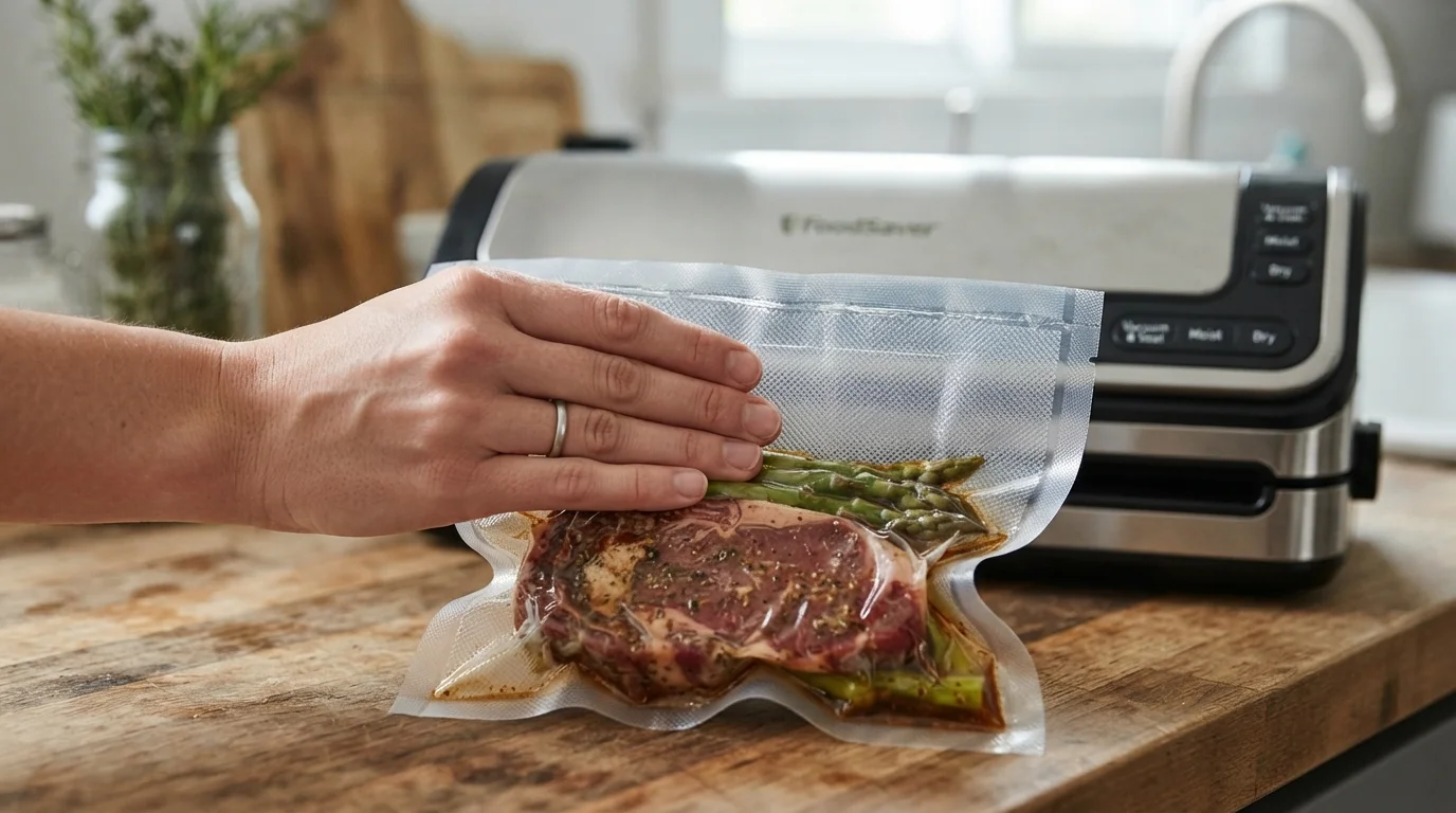 Mano sellando una bolsa al vacio con una envasadora domestica