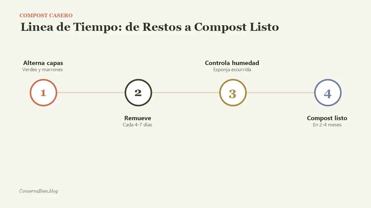 Linea de tiempo con los 4 pasos para hacer compost casero