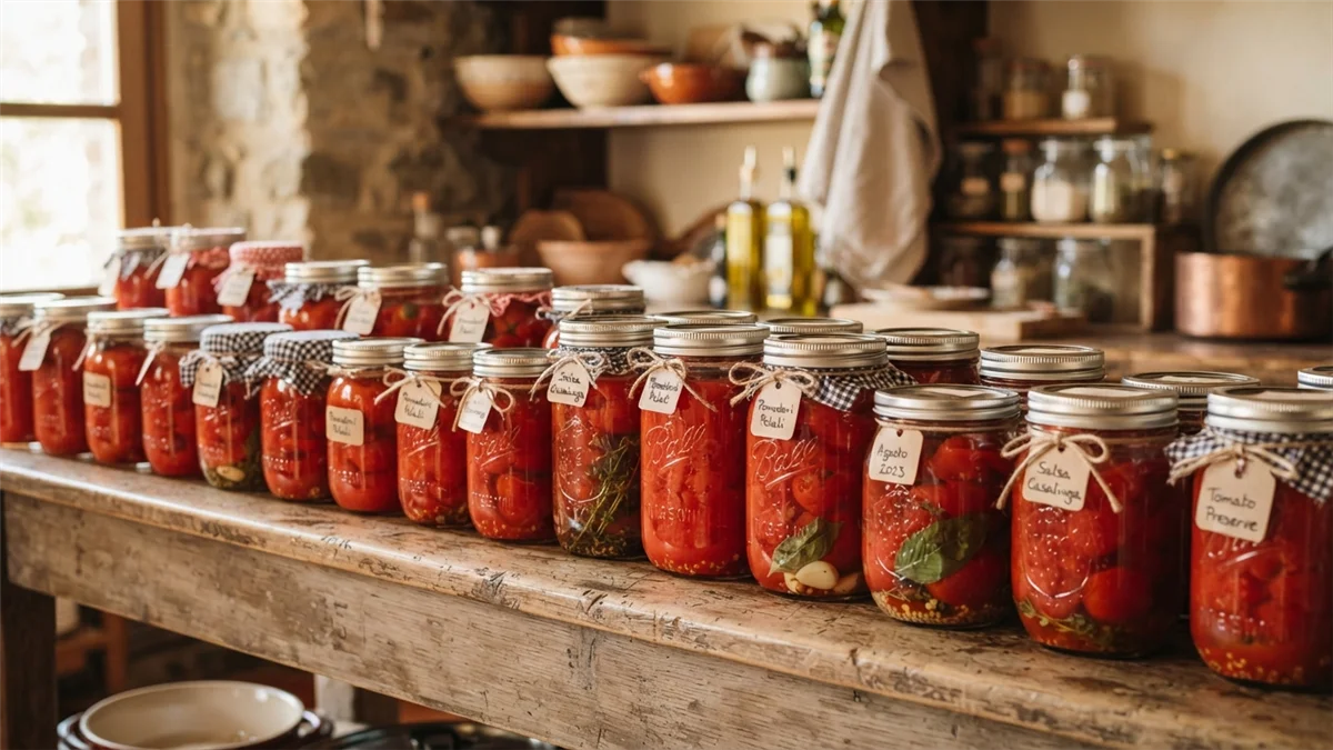 Frascos de tomate en conserva casera alineados en la encimera