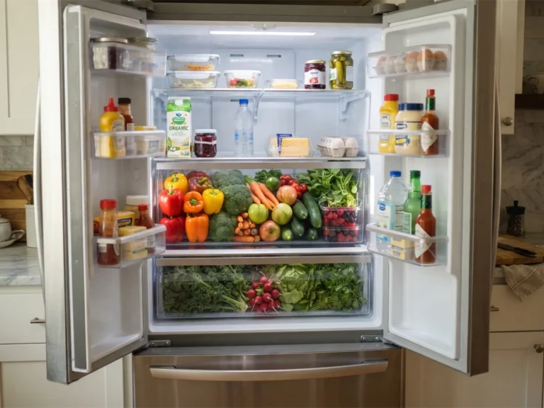 Frutas y verduras organizadas en la nevera - cabecera